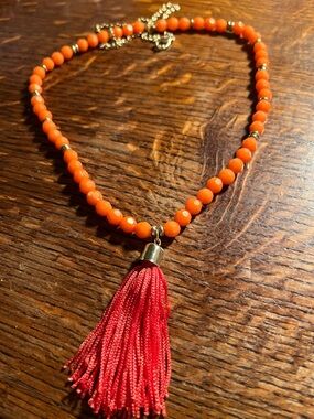 Orange Beaded Necklace with Red Tassel - Women Jewelry 30”